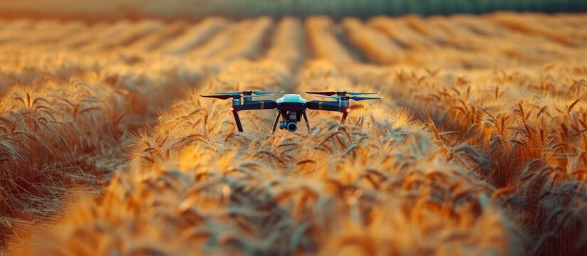 Aerial drone shot capturing an expansive wheat field at golden hour sunset in a picturesque rural countryside landscape