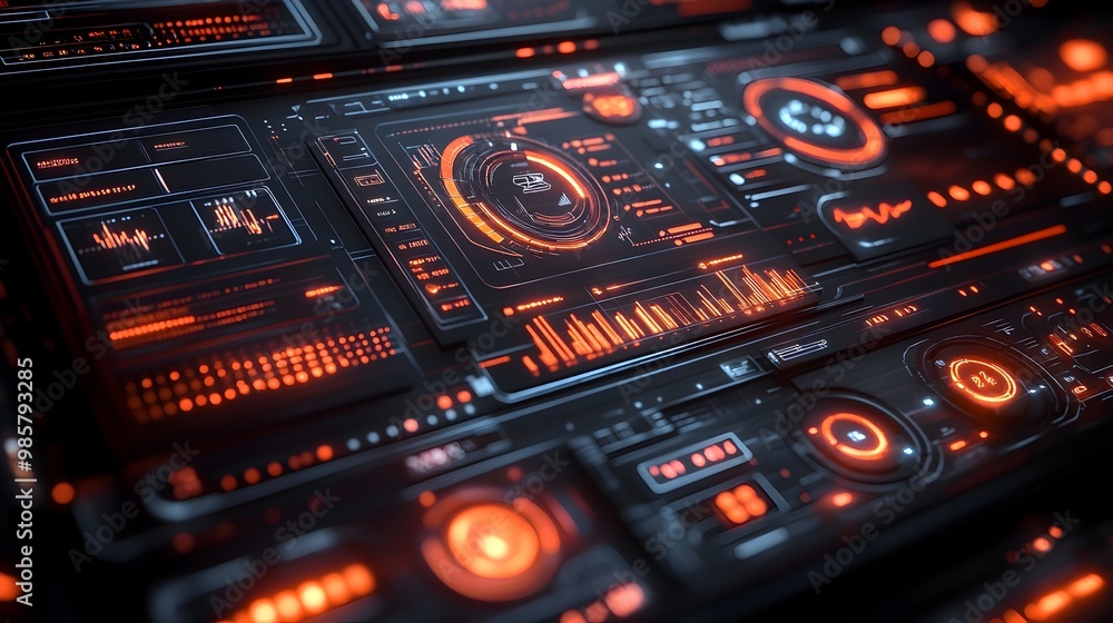 Poster futuristic paper cut digital dashboard with layered data visualizations