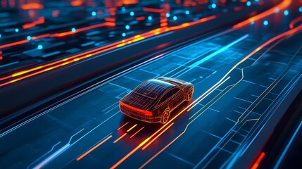 A futuristic car speeds along a vibrant, illuminated highway filled with digital patterns, showcasing technology and motion.