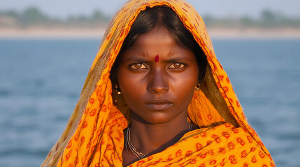 A woman wearing a yellow and red sari is standing in front of a body of water. The woman's face is the main focus of the image, and she is looking directly at the camera