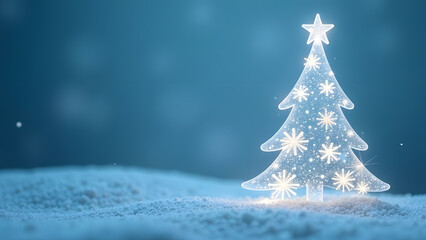 transparent glowing softly snow flakes in a shape of delicate Christmas tree with glowing star on top, snowflakes, light blue color scheme blurred background, space for text, banner, seasonal greetin