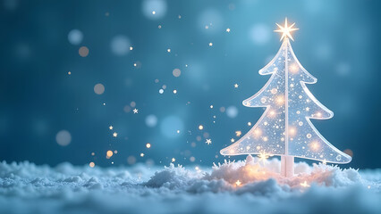 transparent shape of delicate Christmas tree with glowing multi-pointed star on top, falling sparkling snowflakes, blue color scheme blurred background, space for text, banner, seasonal greeting