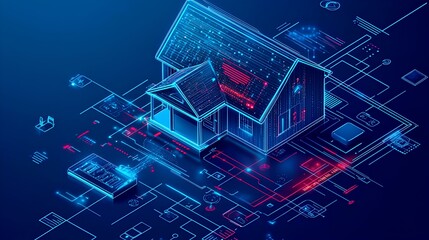 A digital representation of a house with blue and red neon lines, illustrating modern architecture and technology integration.