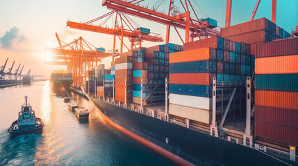 Fototapeta premium Large cargo ship docked at empty port with stacked containers and idle cranes, symbolizing port strike and industrial tension.