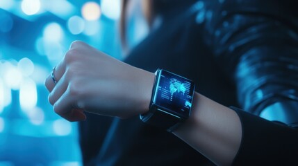 Person Wearing a Smartwatch with a World Map Display