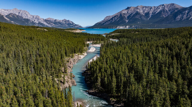Canadian aerial landscape view along river course of Cline river with river mouth into North Saskatchewan River as well Abraham Lake and Rocky Mountains in background 