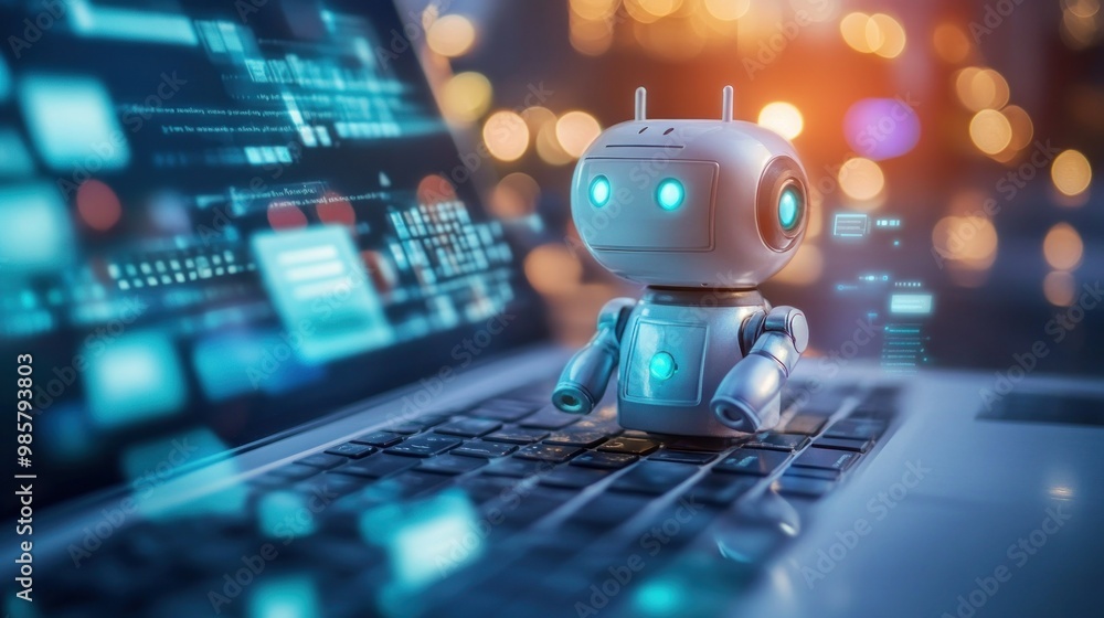 Poster a white robot sitting on a laptop keyboard with a bokeh background