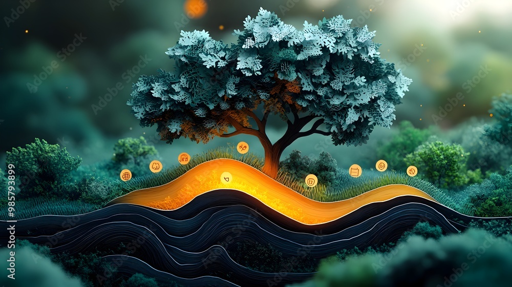 Poster detailed paper cut tree diagram with data icons on endpoints