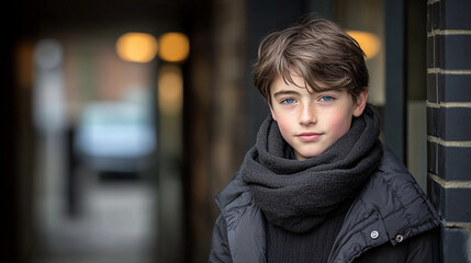 A young boy wearing a black scarf and jacket stands in front of a brick wall. He has blue eyes and a smile on his face