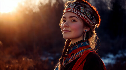 Smiling beautiful girl in national costume of Sami people. Sami National Day. Horizontal banner. Free space for text. Young Sami woman in traditional cloth