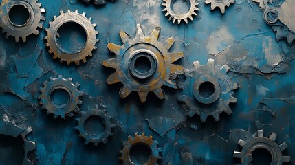 flat animated painting of faded grey cogs in blue grey background.Textured cracked concrete style. Blue grunge background. Decorative plaster structure. Grungy shabby uneven solid painted facade