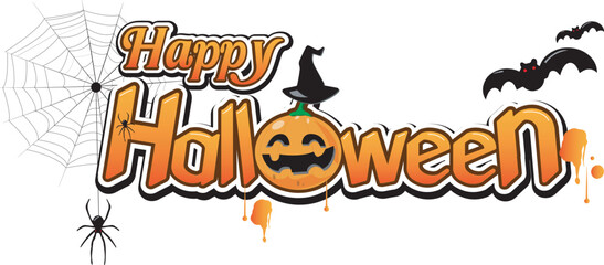 Happy Halloween Letters, Orange gradient letter and Pumpkin with black witch hat, spider and bat.