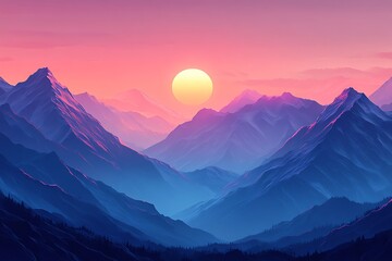 A sun setting over a mountain range, the sky is pink and purple, the mountains are blue.