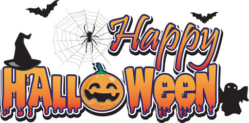 Happy Halloween Letters, Orange gradient letter and Pumpkin with black witch hat, spider and bat.