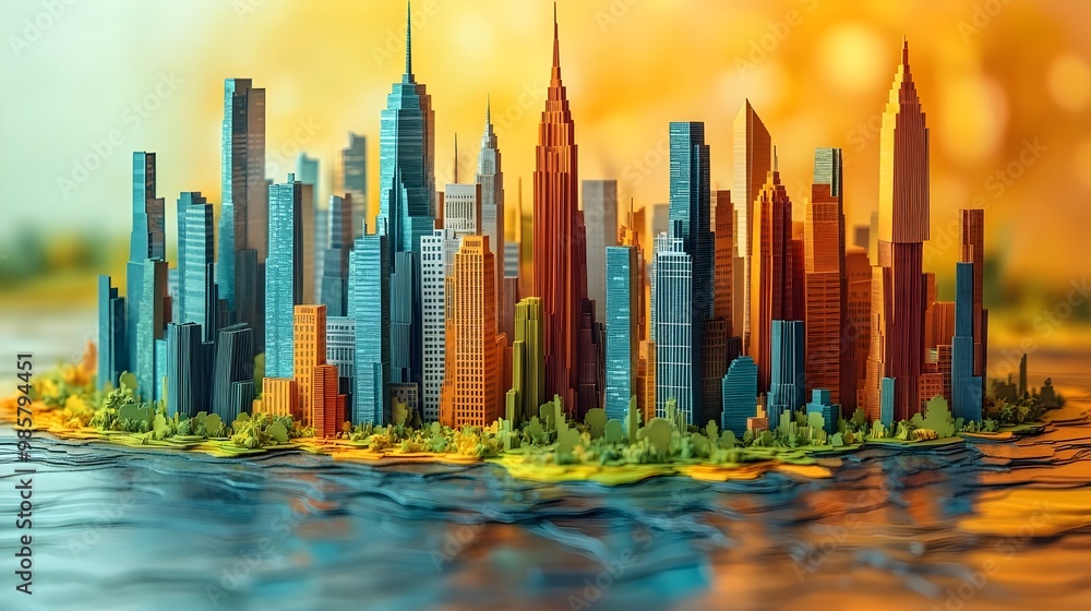Poster dynamic papercut cityscape with emerging data visualizations representing economic growth