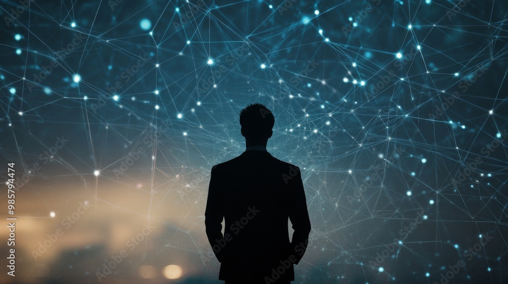 Poster silhouette of a businessman standing in front of a network of glowing lines.