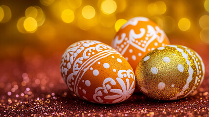 Obraz premium Three eggs with gold and white designs on them are sitting on a red background. The eggs are decorated with glitter, giving them a festive and celebratory appearance. Concept of joy and excitement