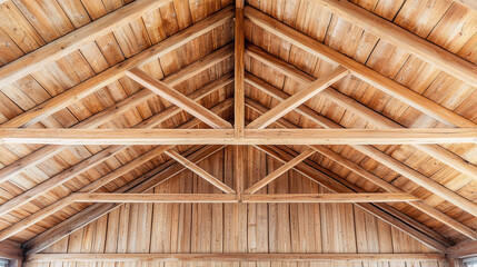 The roof of a building is made of wood and has a triangular shape. The wood is visible in the ceiling and the roof