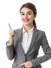 cut out a beautiful cheerful woman wearing suit point to the left with her fingers