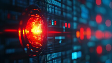 A vibrant close-up of illuminated technology, featuring red lights against a backdrop of intricate, digital patterns.