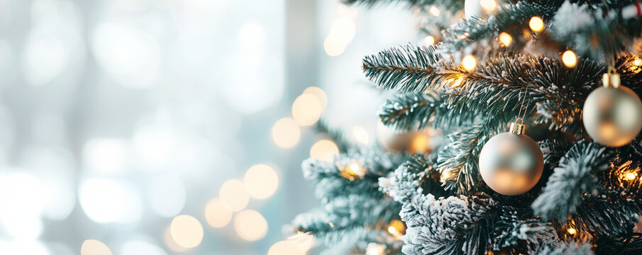 A cozy christmas home with christmas tree covered in lights and decoration - Commerce campaign banner background for text overlay - Powered by Adobe