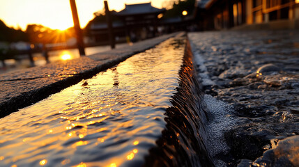 The water is flowing down a stone wall, and the sun is setting in the background. The water is reflecting the sun's light, creating a beautiful and serene atmosphere