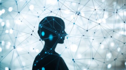 Silhouette of a person's head with a network of lines and dots in the background, representing connection and communication.