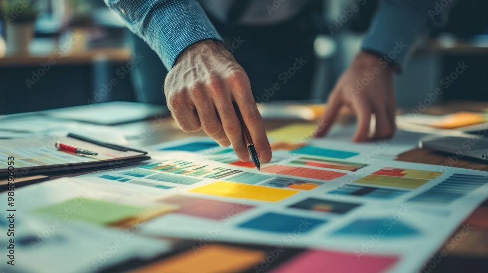 Poster a person analyzing data and charts with a pen