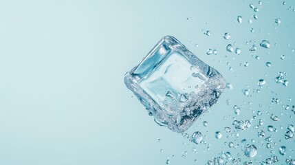 Obraz premium A single ice cube mid-air on a pastel blue background, with water droplets flying around.