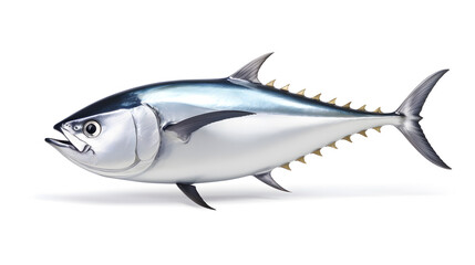 Obraz premium Fresh whole tuna fish with glossy silver skin isolated on white background