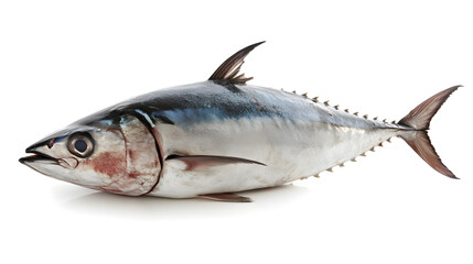 Fresh whole tuna fish with glossy silver skin isolated on white background