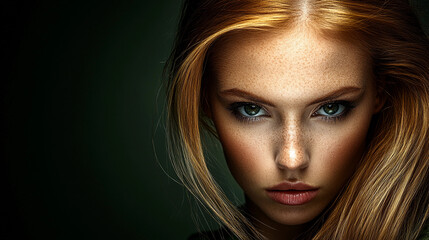 Obraz premium A woman with brown hair and green eyes. She has a light brown face with a slight blush
