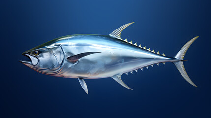 Fototapeta premium Fresh whole tuna fish with glossy silver skin isolated on dark blue background
