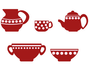 Set of polka dot tableware, flat style vector illustration