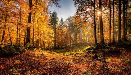 Autumn foliage in a serene forest.