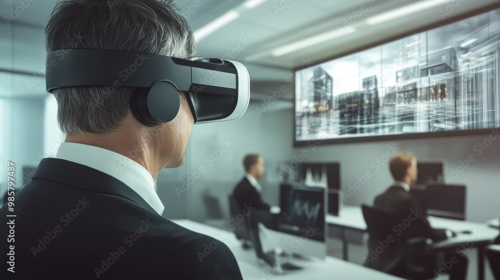 Poster man in a virtual reality headset looking at a building design
