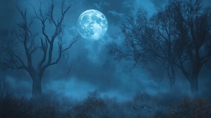 Naklejka premium Misty forest with dry trees and full moon in dark night setting