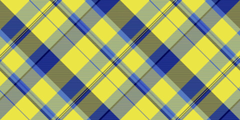 Hispanic seamless textile background, mosaic tartan pattern check. Volume texture vector plaid fabric in blue and yellow colors.