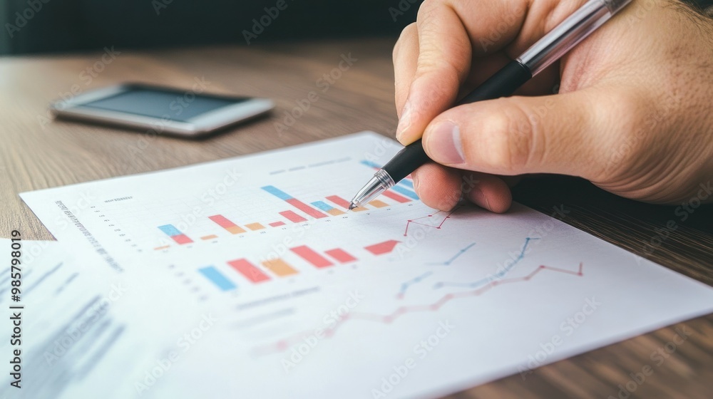 Poster a person analyzing a bar graph and line graph with a pen