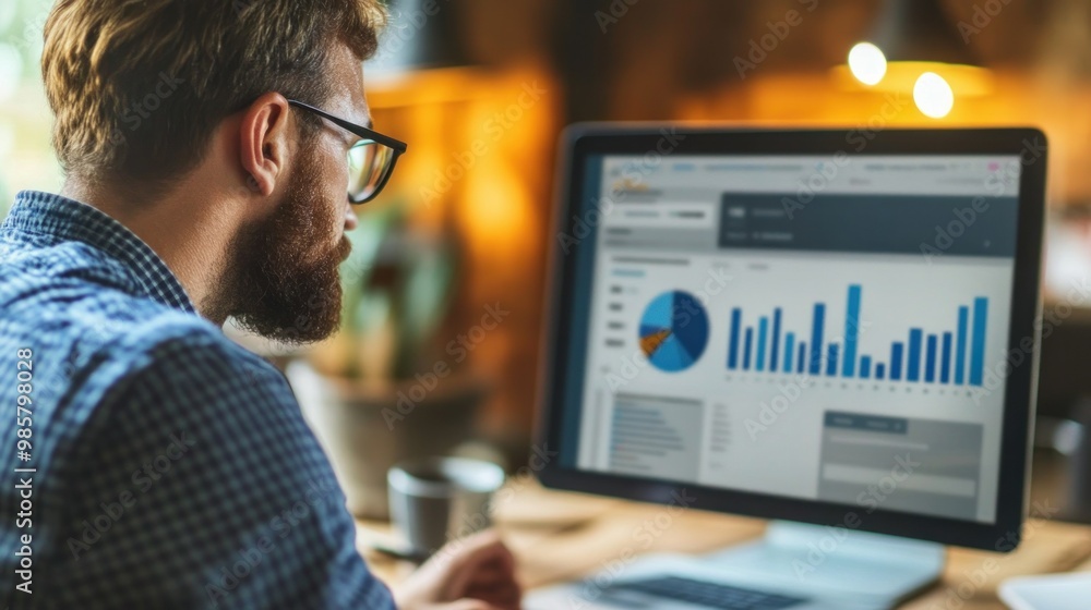 Poster bearded man in glasses analyzing data on a computer monitor