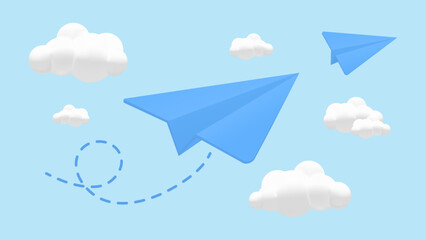 3D Blue Paper Airplane with Clouds. Symbol of Creative Vision, Leadership, and Innovation in Business and Social Media. Vector.