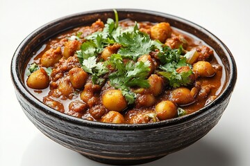 Street cuisine Chana masala in a large dish on a white backdrop. Generative Ai