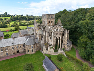 Aerial view of the ruins of Notre Dame de Hambye abbey in Normandy, France