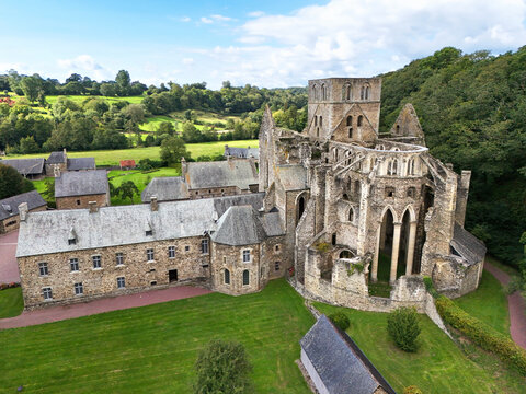 Aerial view of the ruins of Notre Dame de Hambye abbey in Normandy, France