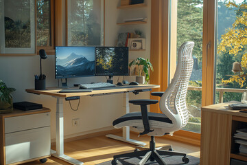 Modern standing desk with an ergonomic chair and organized workspace, symbolizing a healthy and productive work environment