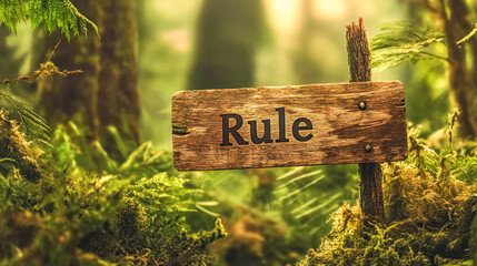 Wooden sign saying rule in a lush forest