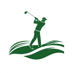 A green silhouette of a golfer swinging a golf club with a green wavy background.