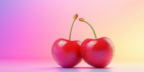 Fresh red cherries on pink background - sweet summer fruit