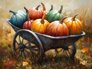 Colorful pumpkins in a wheelbarrow