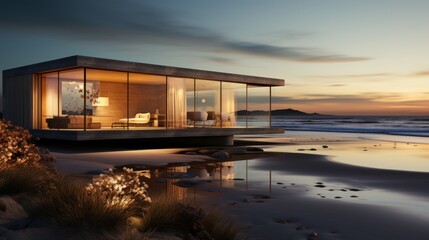 Obraz premium Modern Glass House on the Beach at Sunset